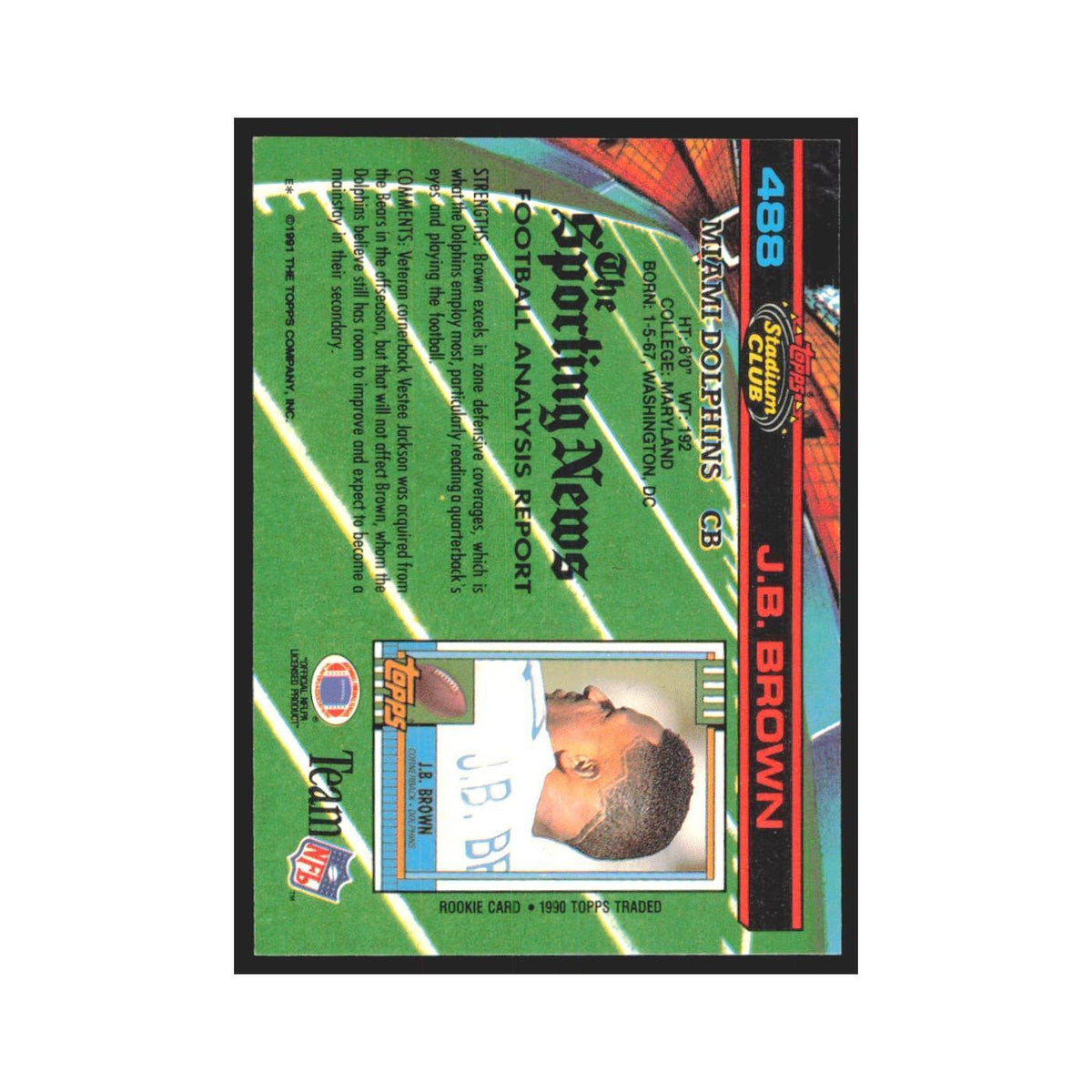 1991 Stadium Club J.B. Brown Dolphins #488