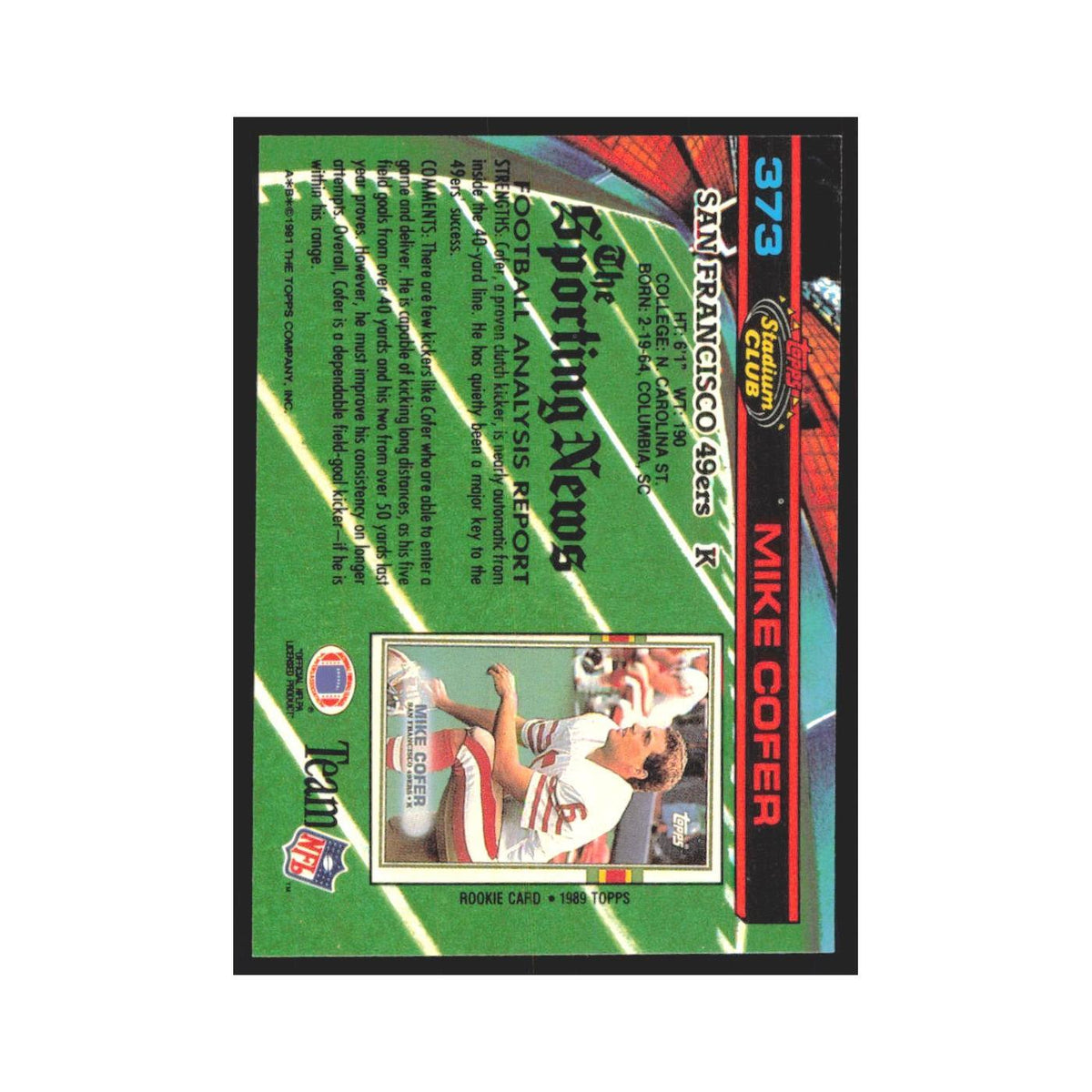 1991 Stadium Club Mike Cofer 49ers #373
