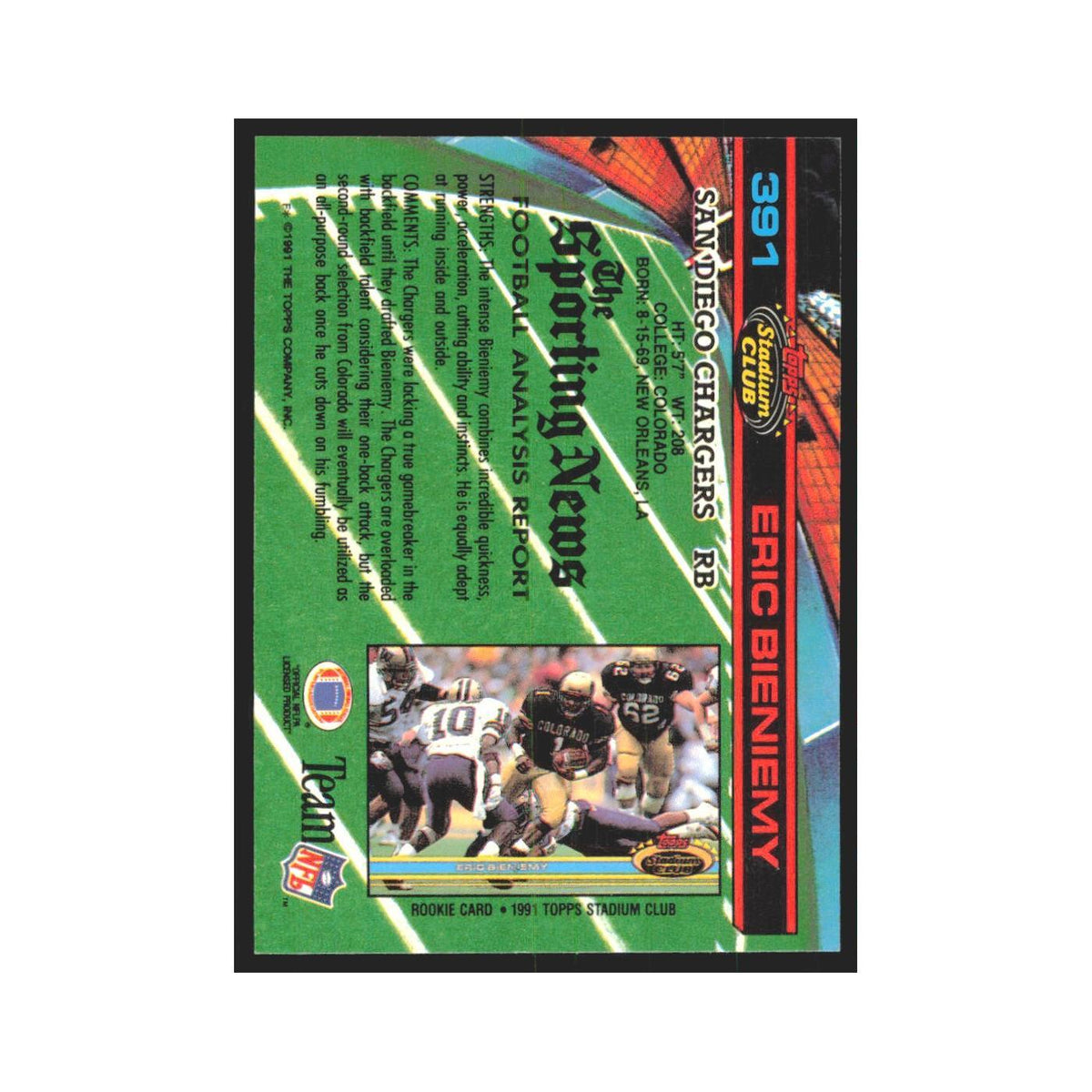 1991 Stadium Club Eric Bieniemy San Diego Chargers #391