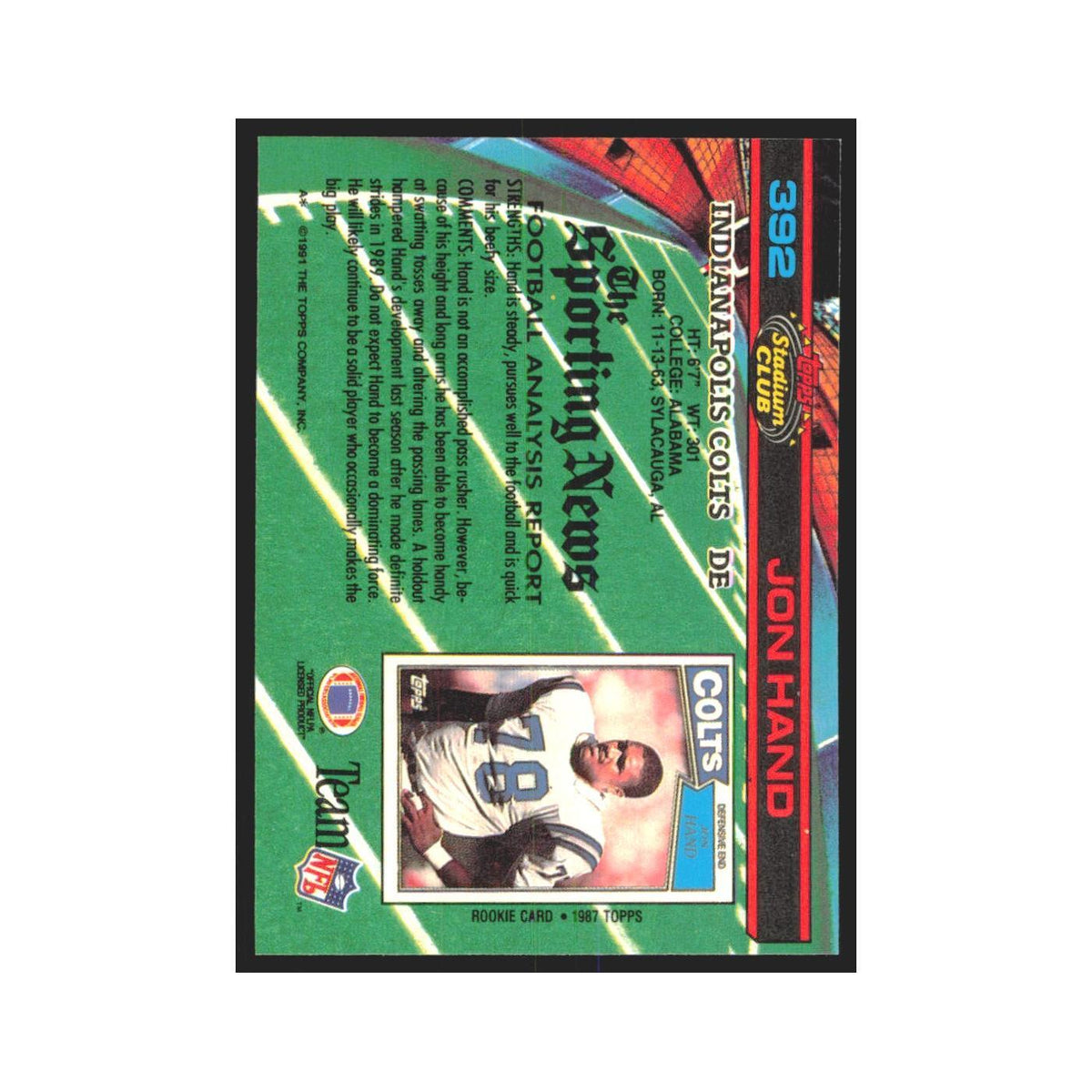 1991 Stadium Club Jon Hand Colts #392
