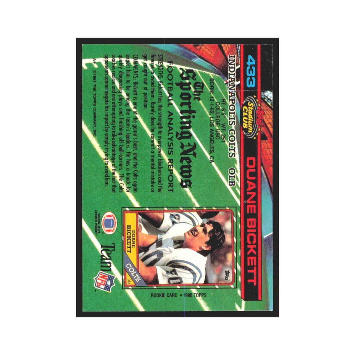 1991 Stadium Club Duane Bickett Colts #433