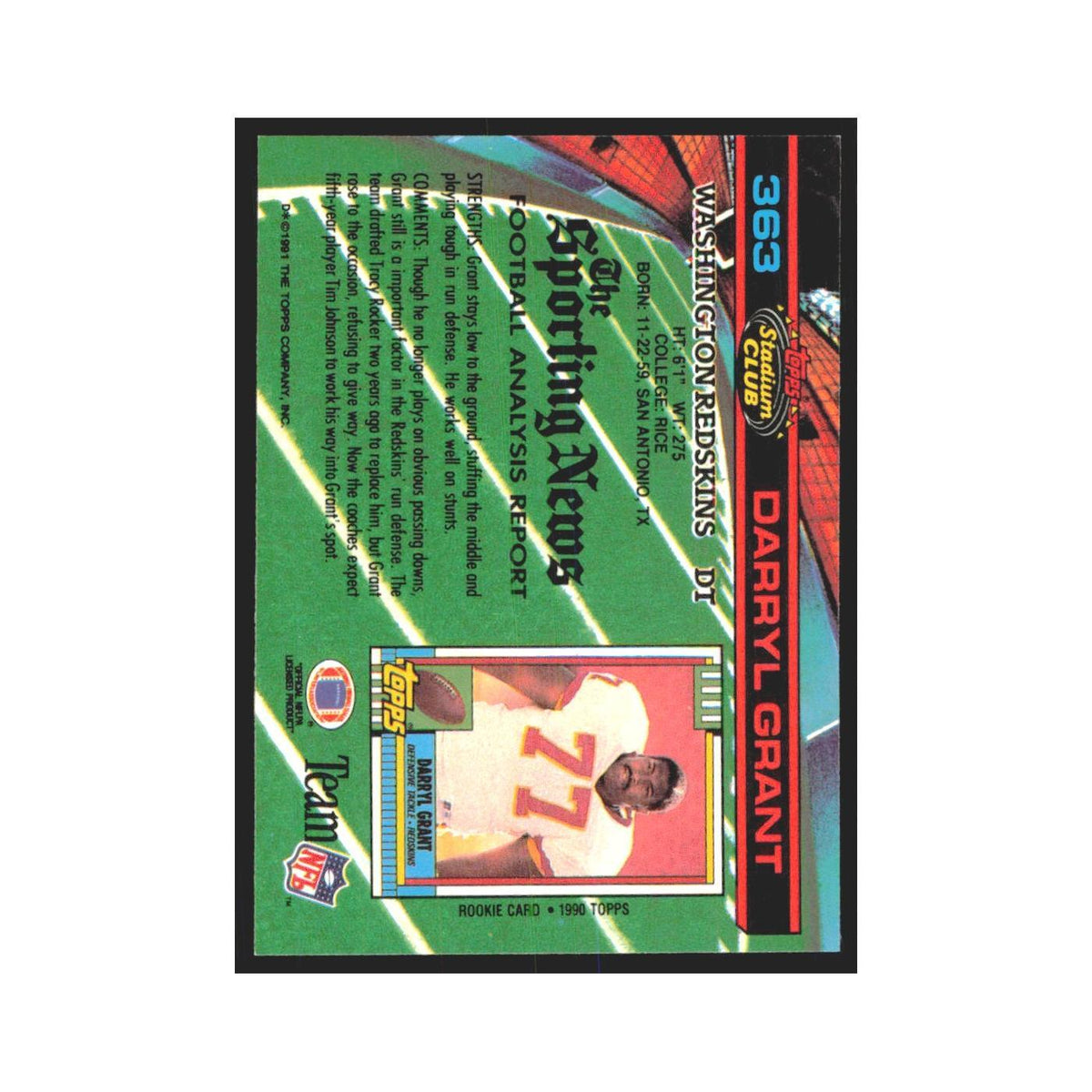 1991 Stadium Club Darryl Grant Redskins #363