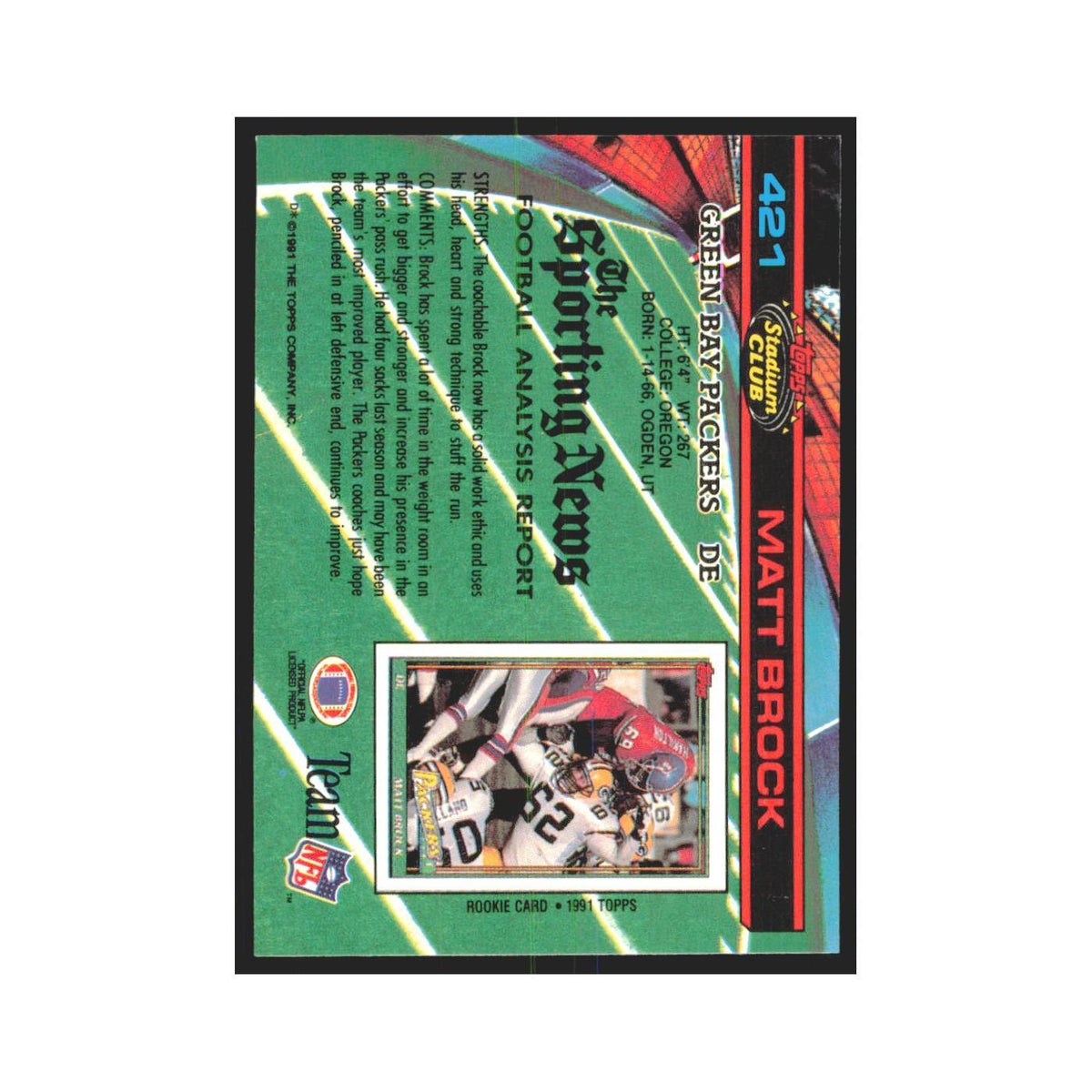 1991 Stadium Club Matt Brock Packers #421