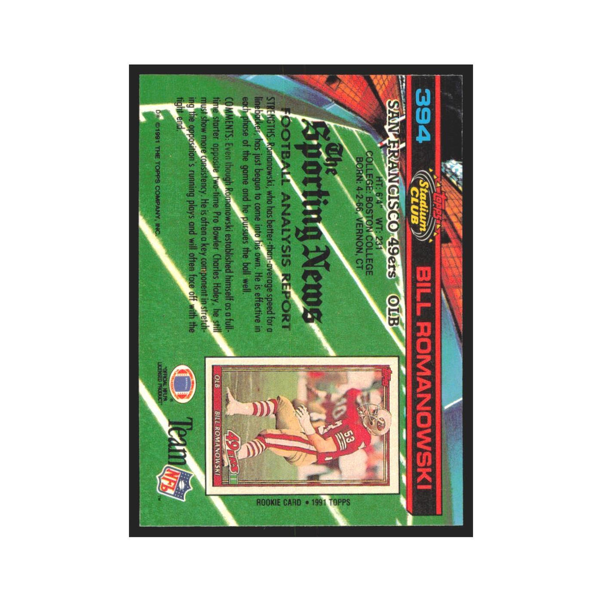 1991 Stadium Club Bill Romanowski 49ers #394