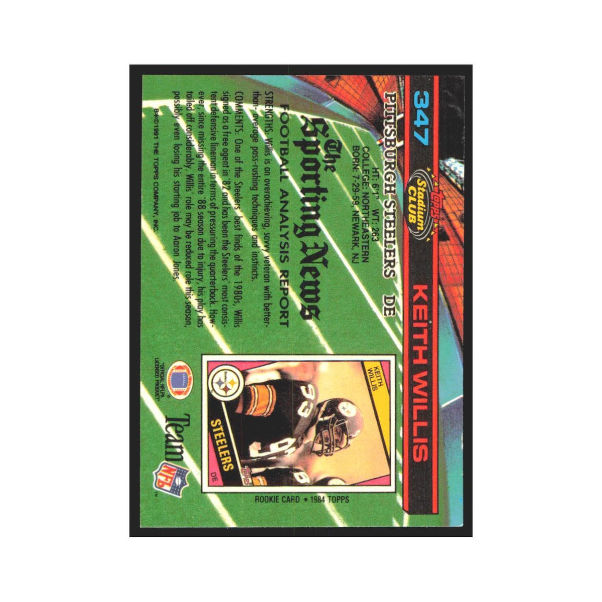 1991 Stadium Club Keith Willis Steelers #347