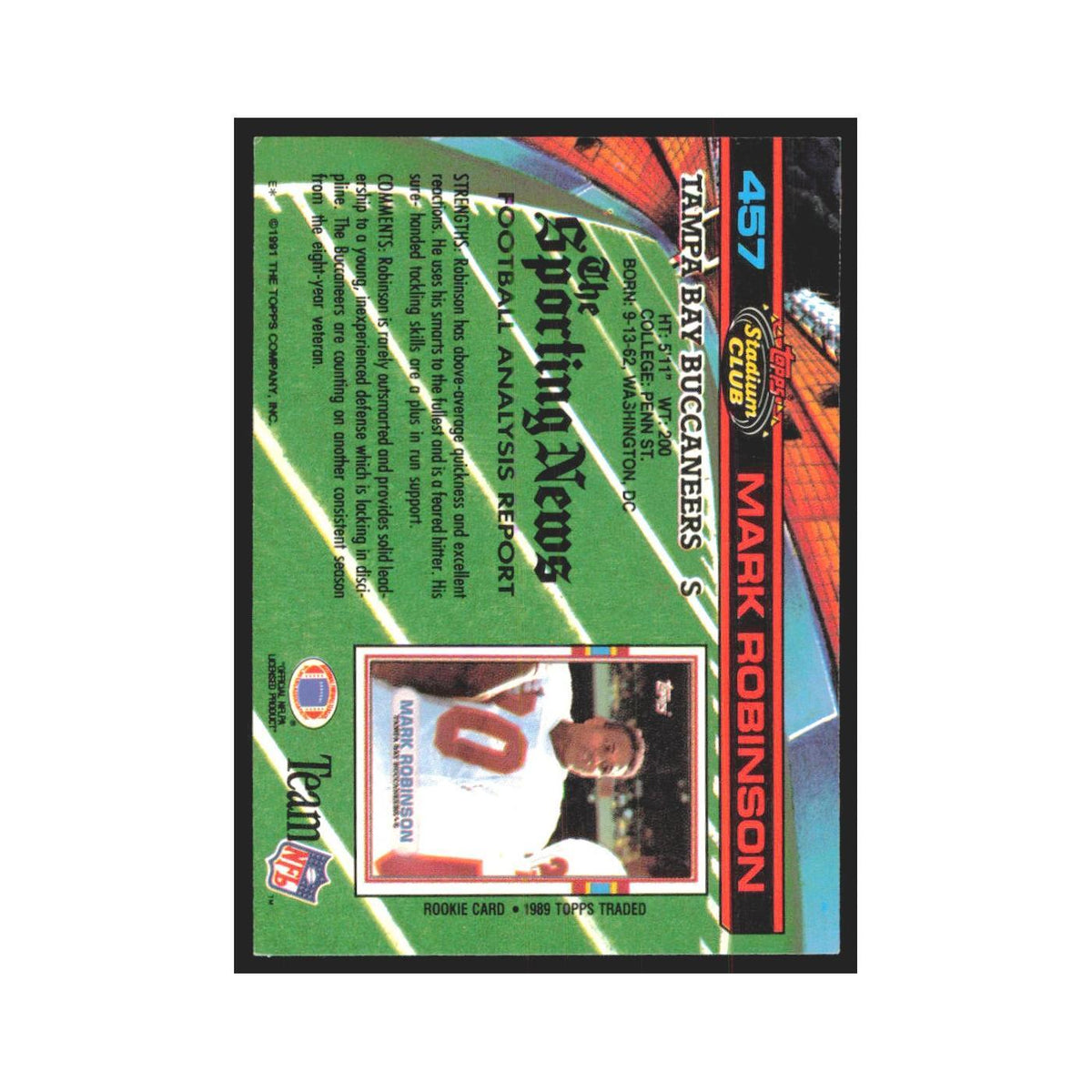 1991 Stadium Club Mark Robinson Buccaneers #457