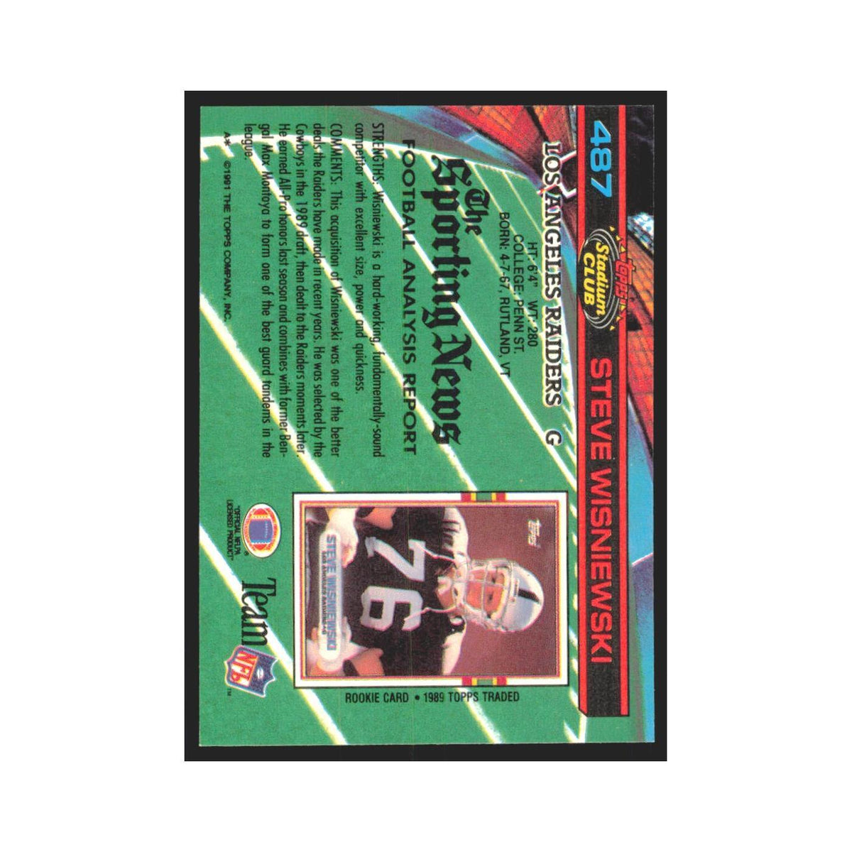 1991 Stadium Club Steve Wisniewski Los Angeles Raiders #487