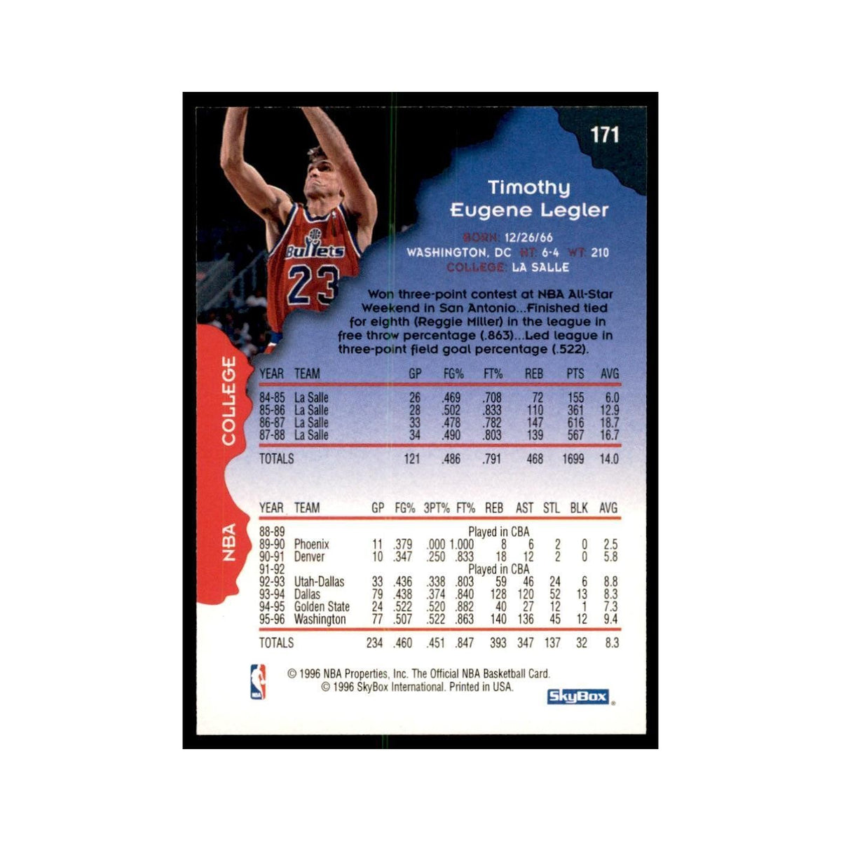 1996 Hoops Tim Legler Washington Bullets #171