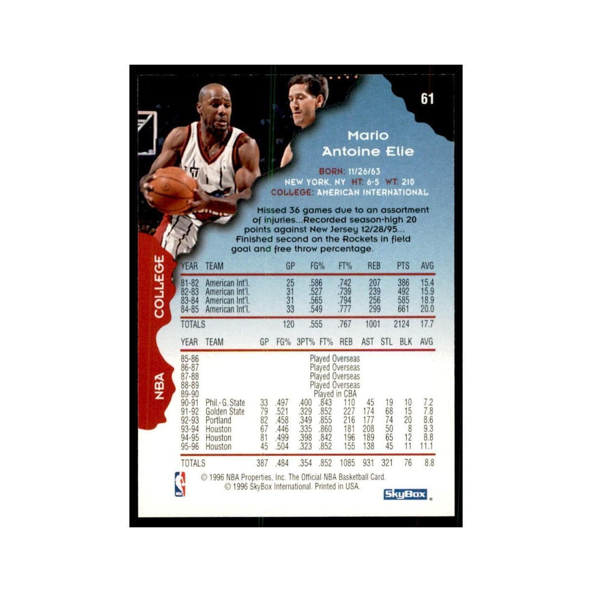 1996 Hoops Mario Elie Rockets #61
