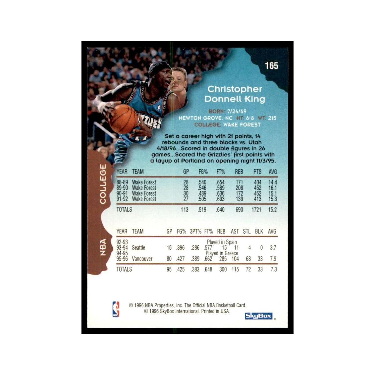 1996 Hoops Chris King Vancouver Grizzlies #165