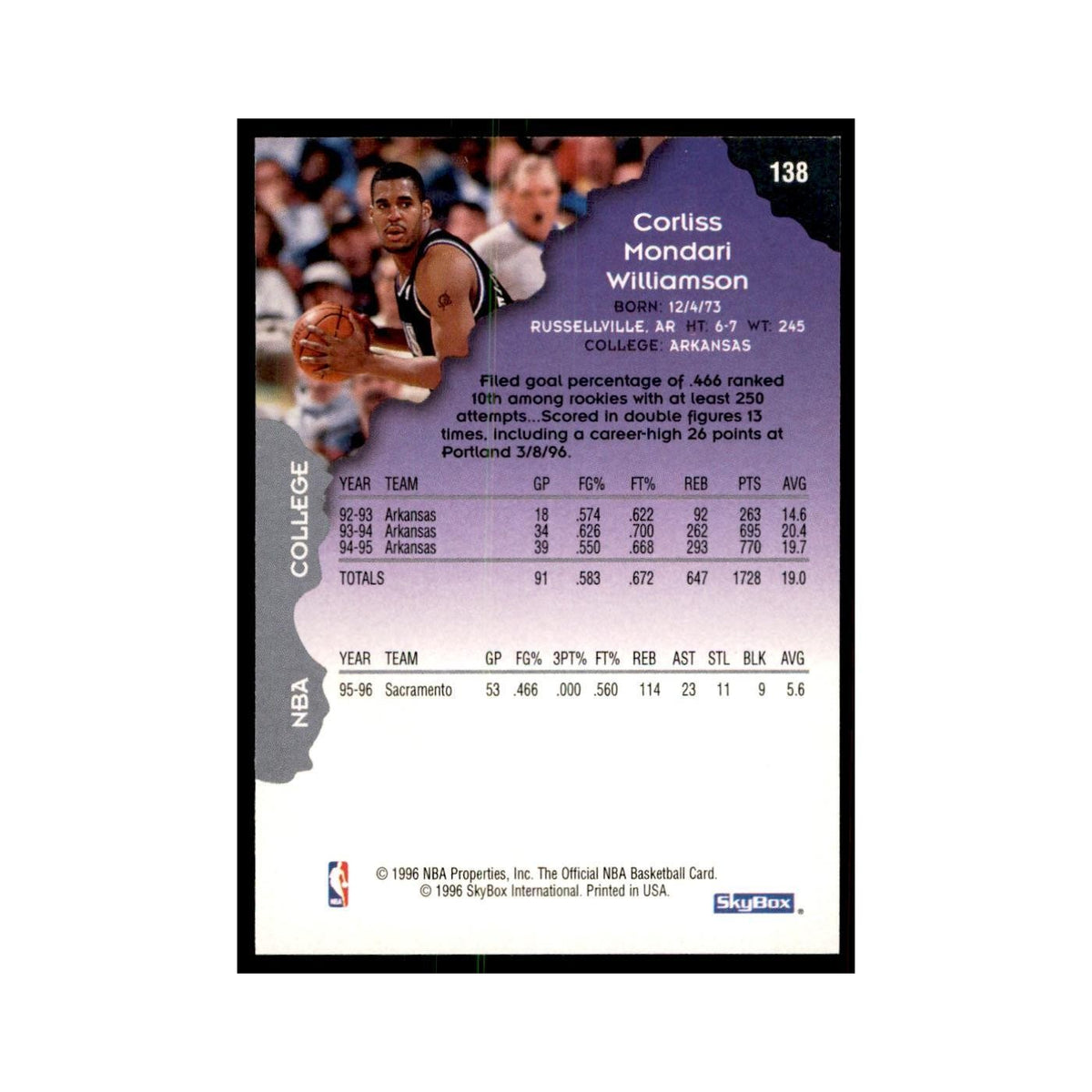 1996 Hoops Corliss Williamson Kings #138