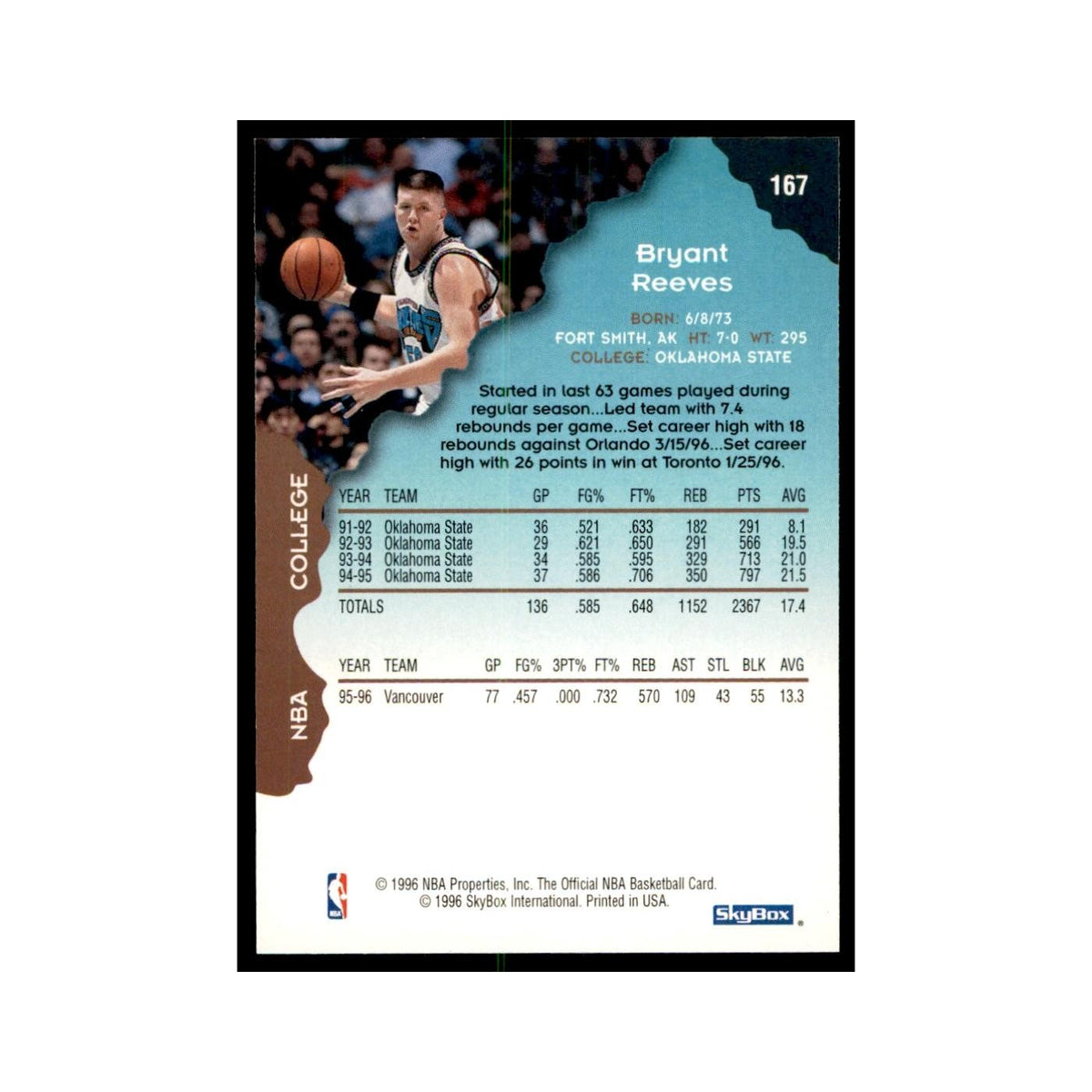 1996 Hoops Bryant Reeves Vancouver Grizzlies #167