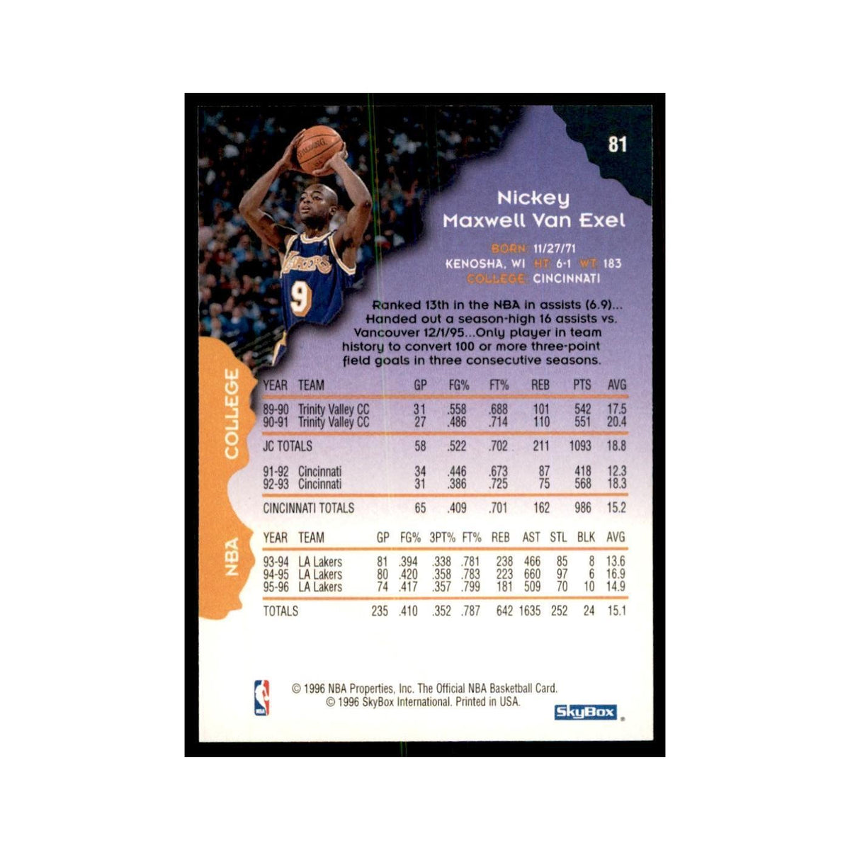 1996 Hoops Nick Van Exel Lakers #81
