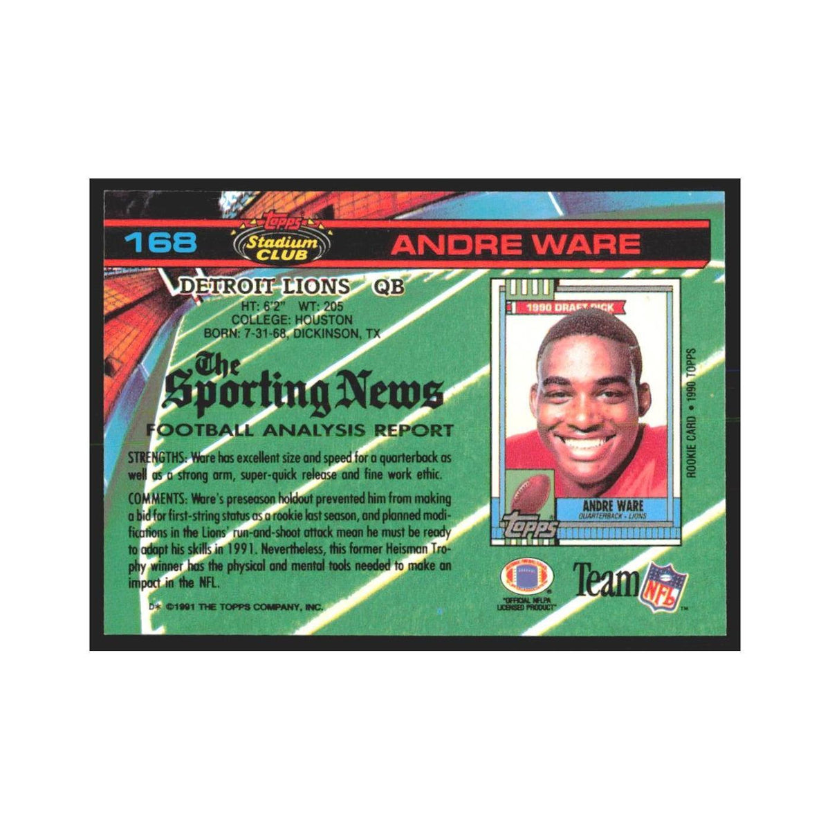 1991 Stadium Club Andre Ware Lions #168