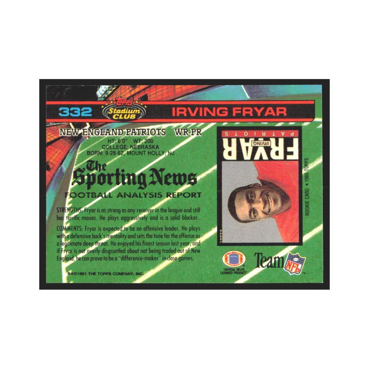 1991 Stadium Club Irving Fryar Patriots #332