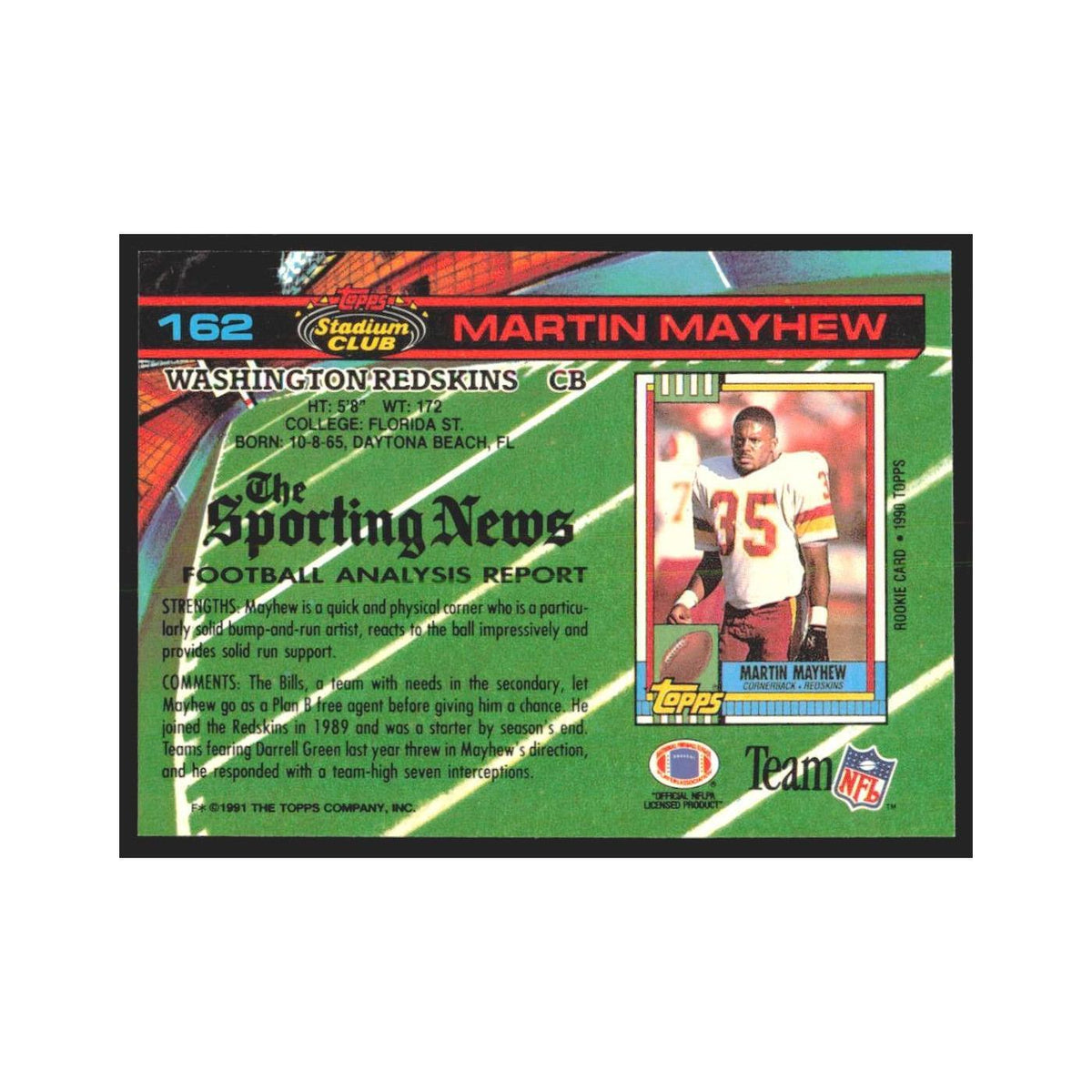 1991 Stadium Club Martin Mayhew Redskins #162