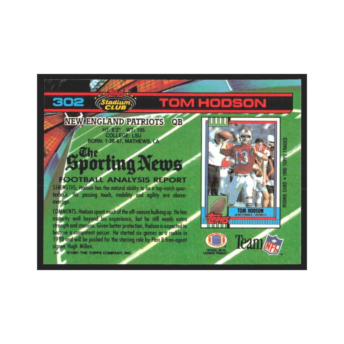 1991 Stadium Club Tommy Hodson Patriots #302