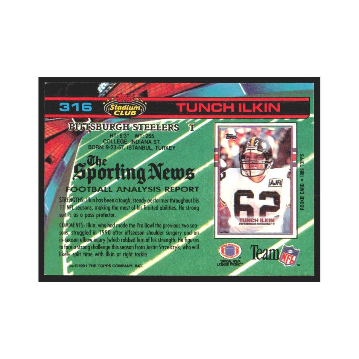 1991 Stadium Club Tunch Ilkin Steelers #316