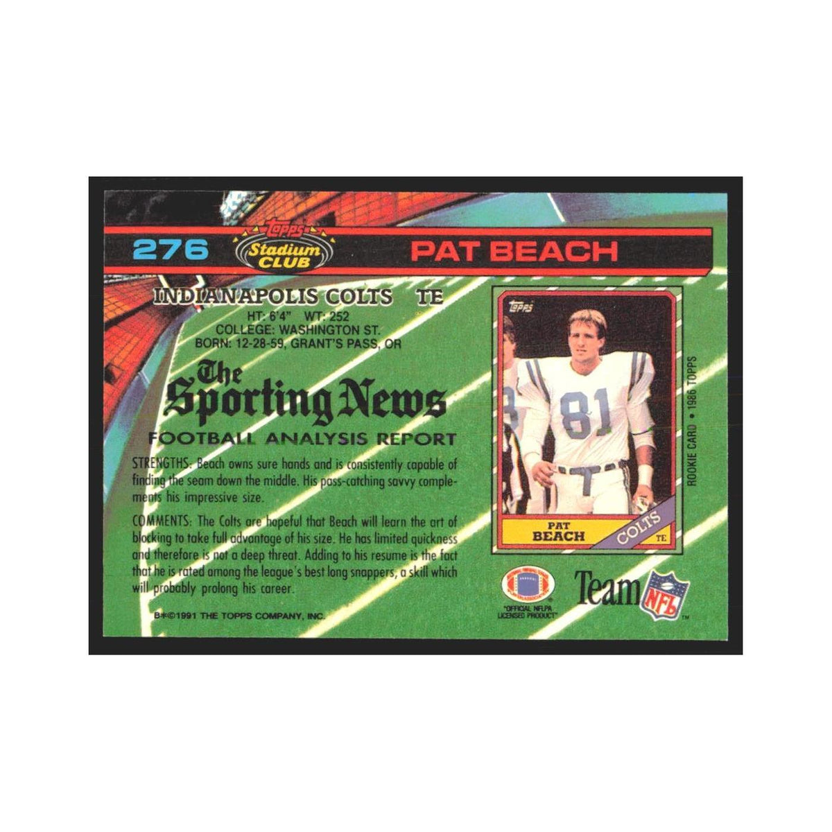 1991 Stadium Club Pat Beach Colts #276