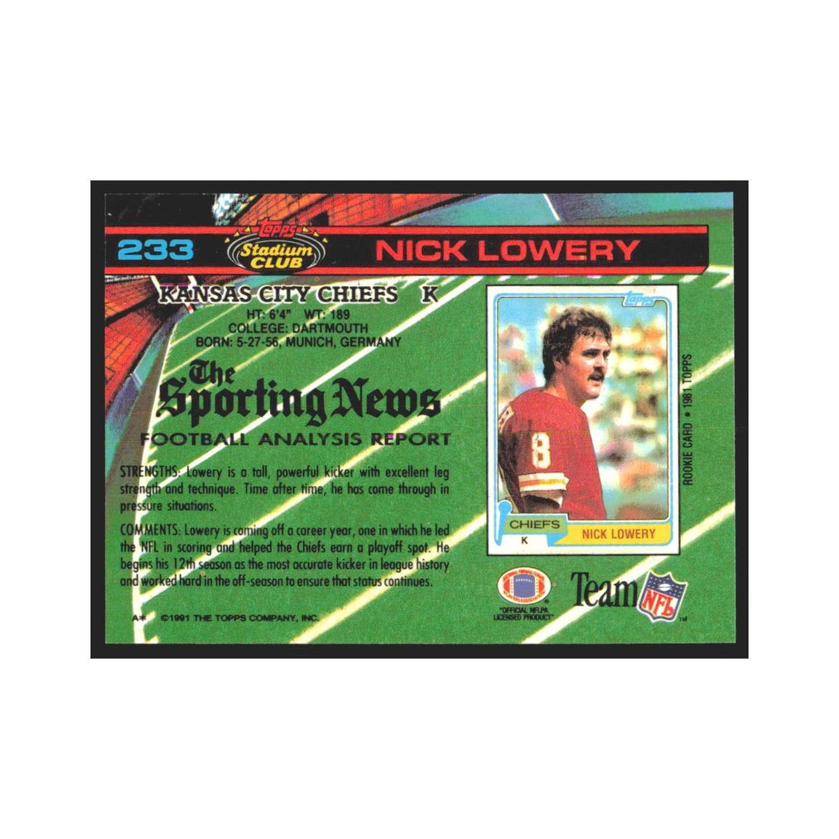 1991 Stadium Club Nick Lowery Chiefs #233