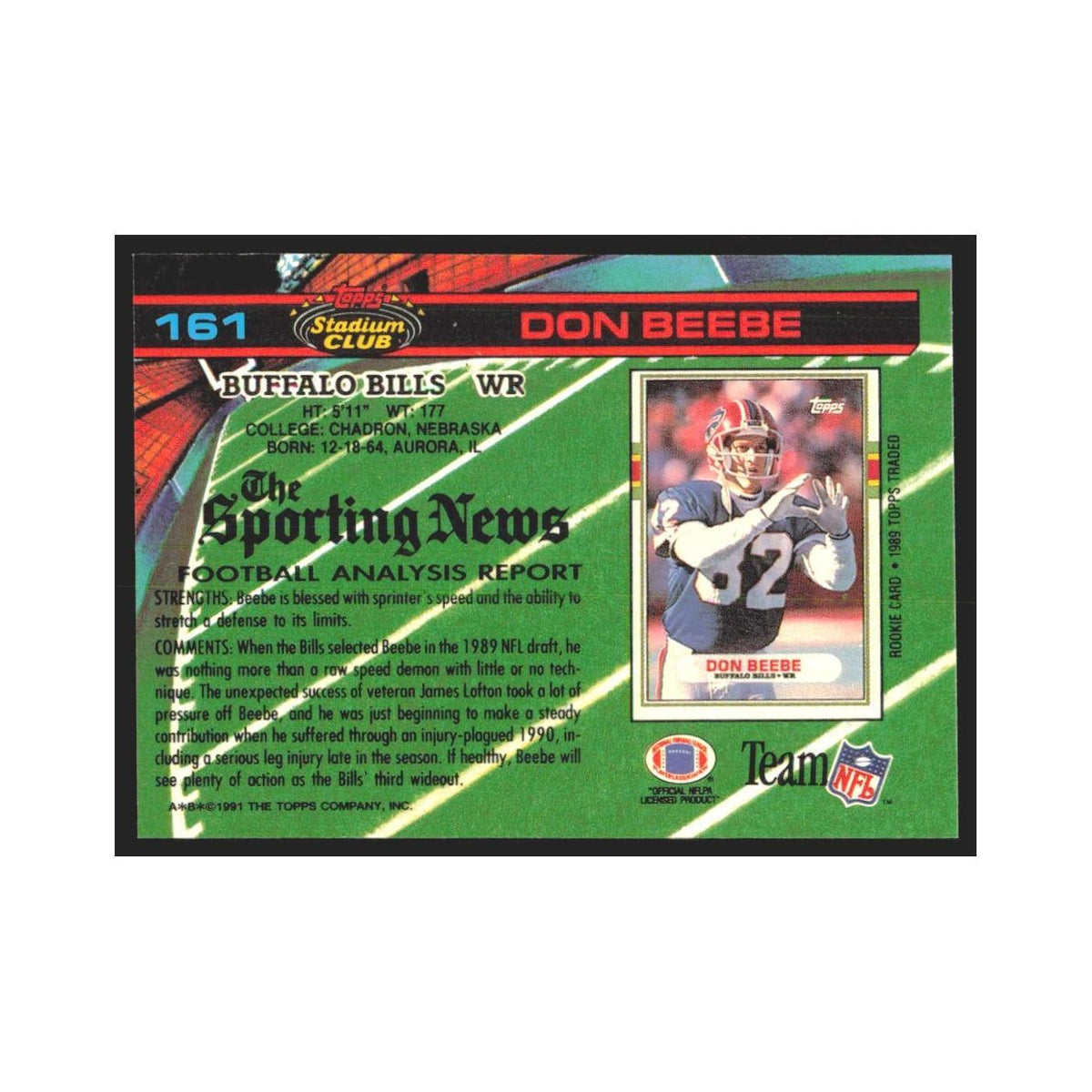 1991 Stadium Club Don Beebe Bills #161