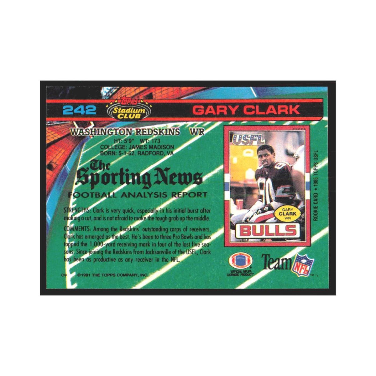 1991 Stadium Club Gary Clark Redskins #242