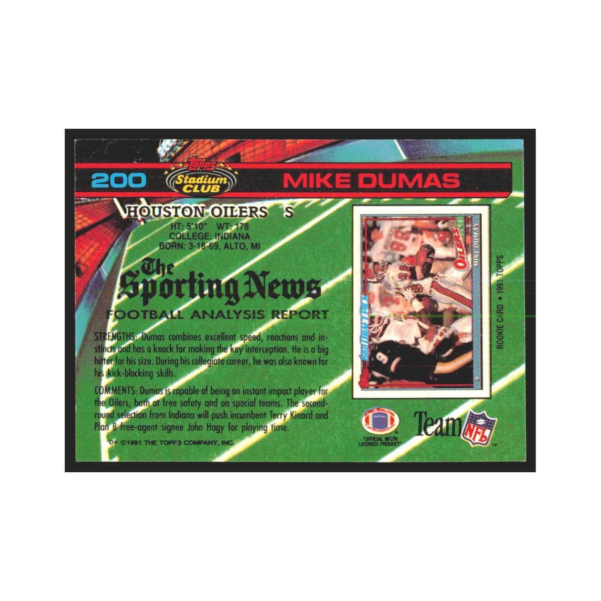 1991 Stadium Club Mike Dumas Houston Oilers #200