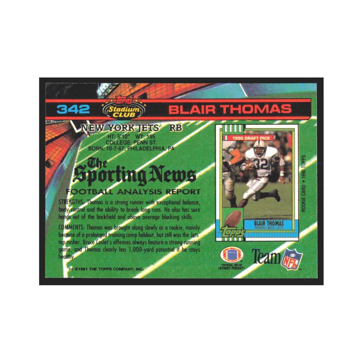 1991 Stadium Club Blair Thomas Jets #342