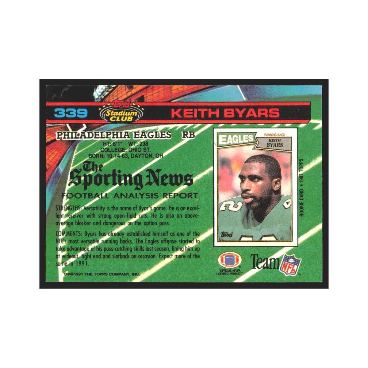 1991 Stadium Club Keith Byars Eagles #339