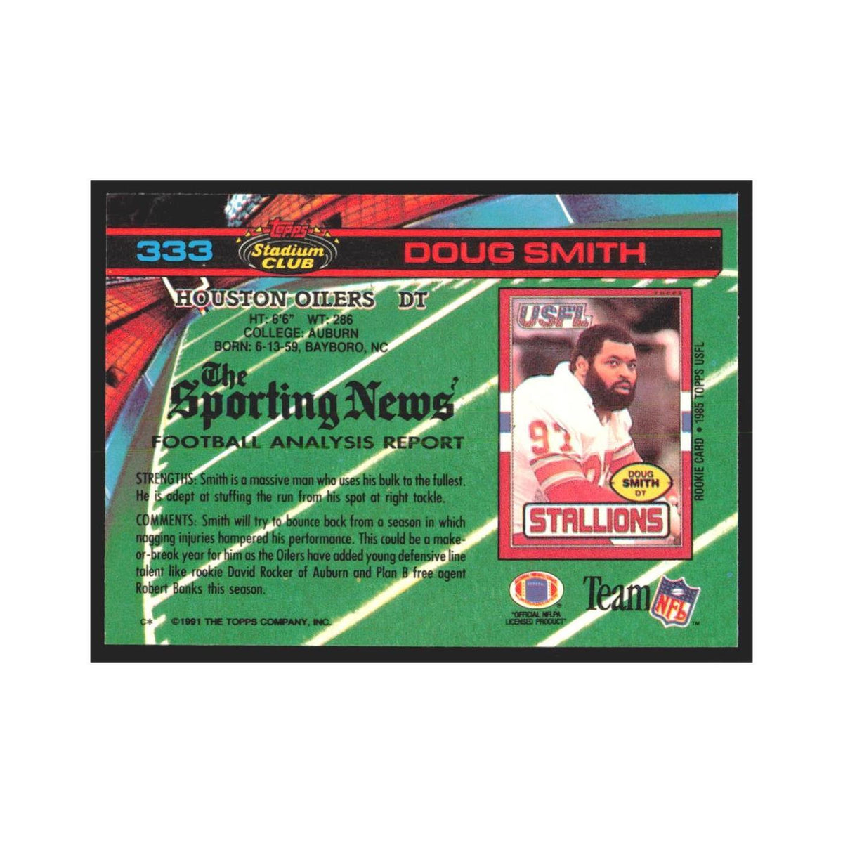 1991 Stadium Club Doug Smith Houston Oilers #333