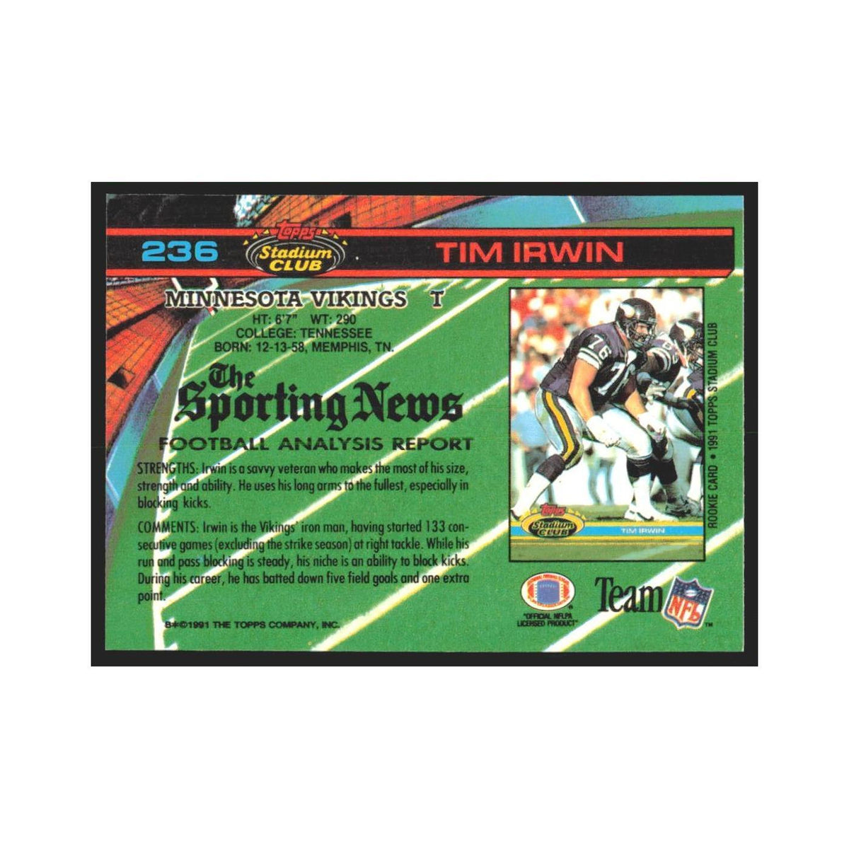 1991 Stadium Club Tim Irwin Vikings #236
