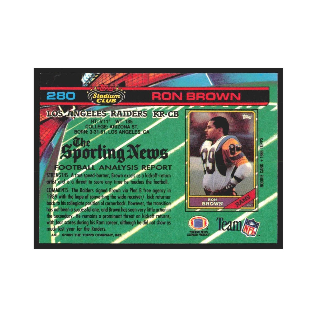 1991 Stadium Club Ron Brown Los Angeles Raiders #280