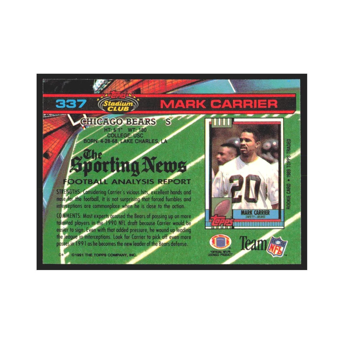 1991 Stadium Club Mark Carrier Bears #337