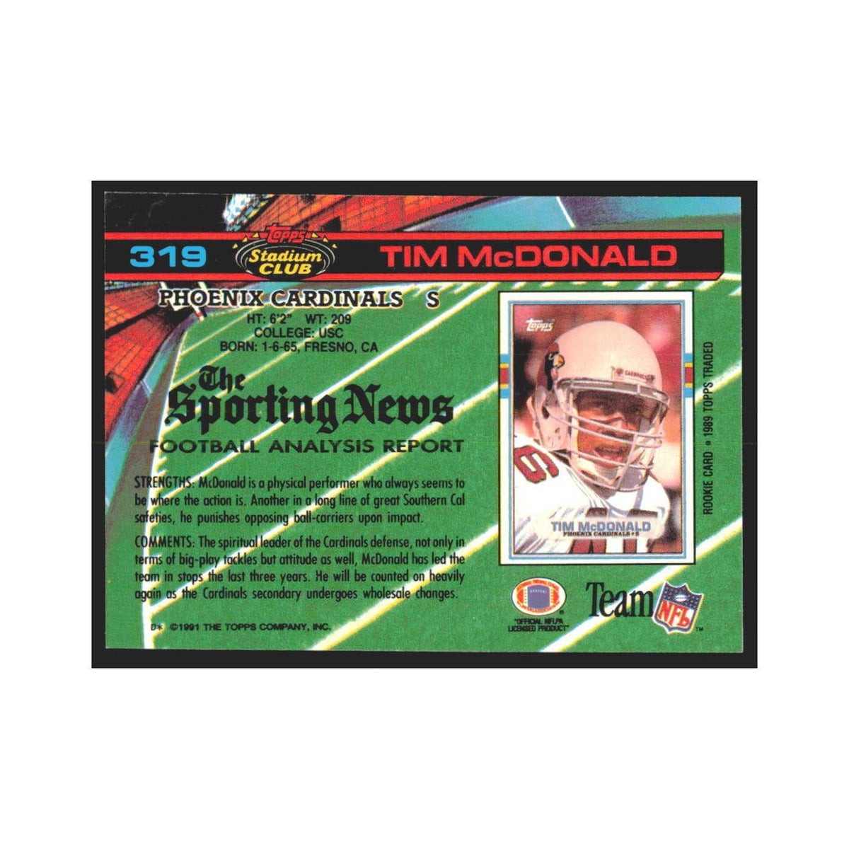 1991 Stadium Club Tim McDonald Phoenix Cardinals #319