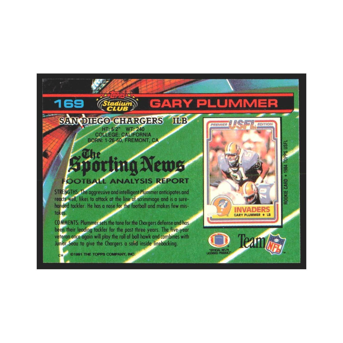 1991 Stadium Club Gary Plummer San Diego Chargers #169