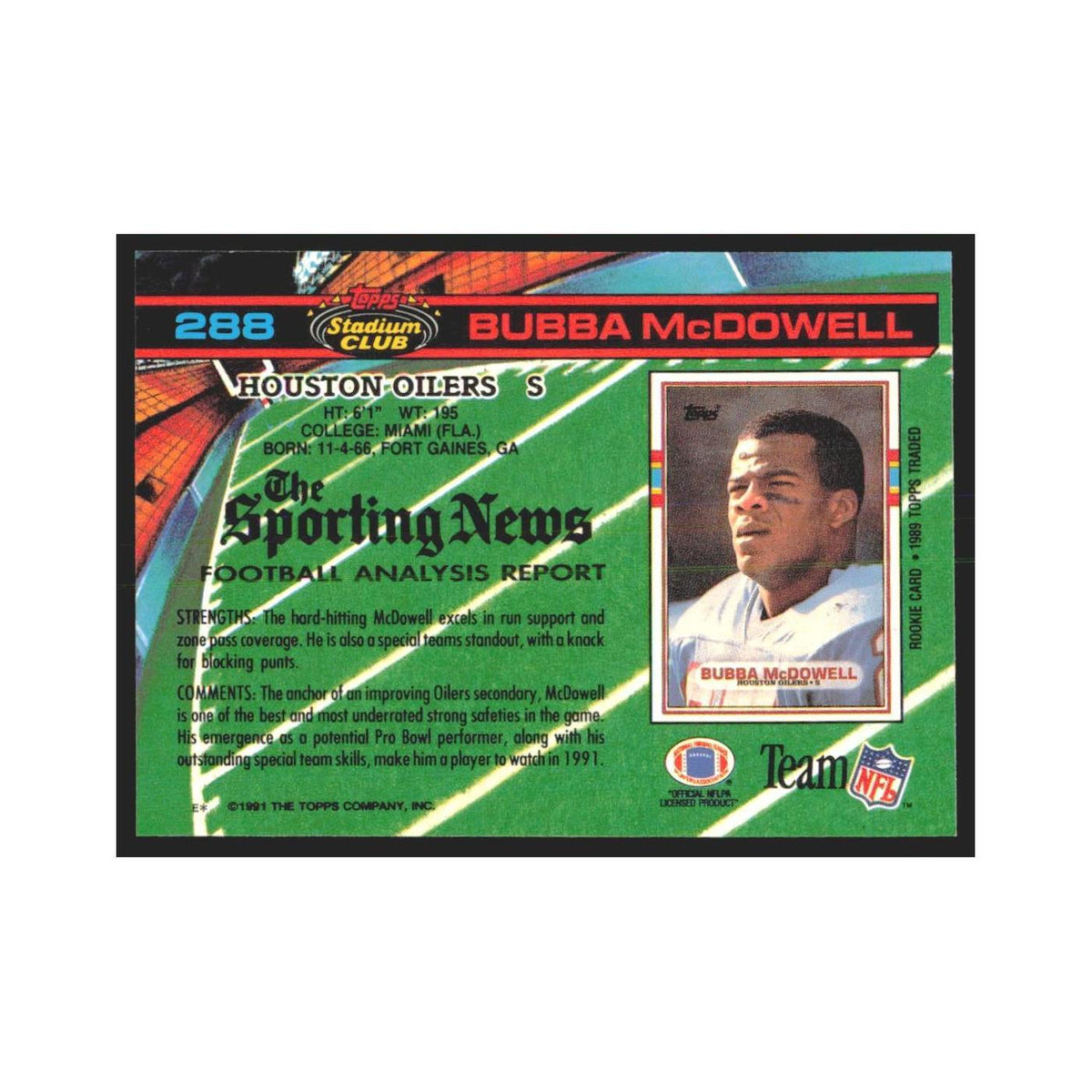 1991 Stadium Club Bubba McDowell Houston Oilers #288