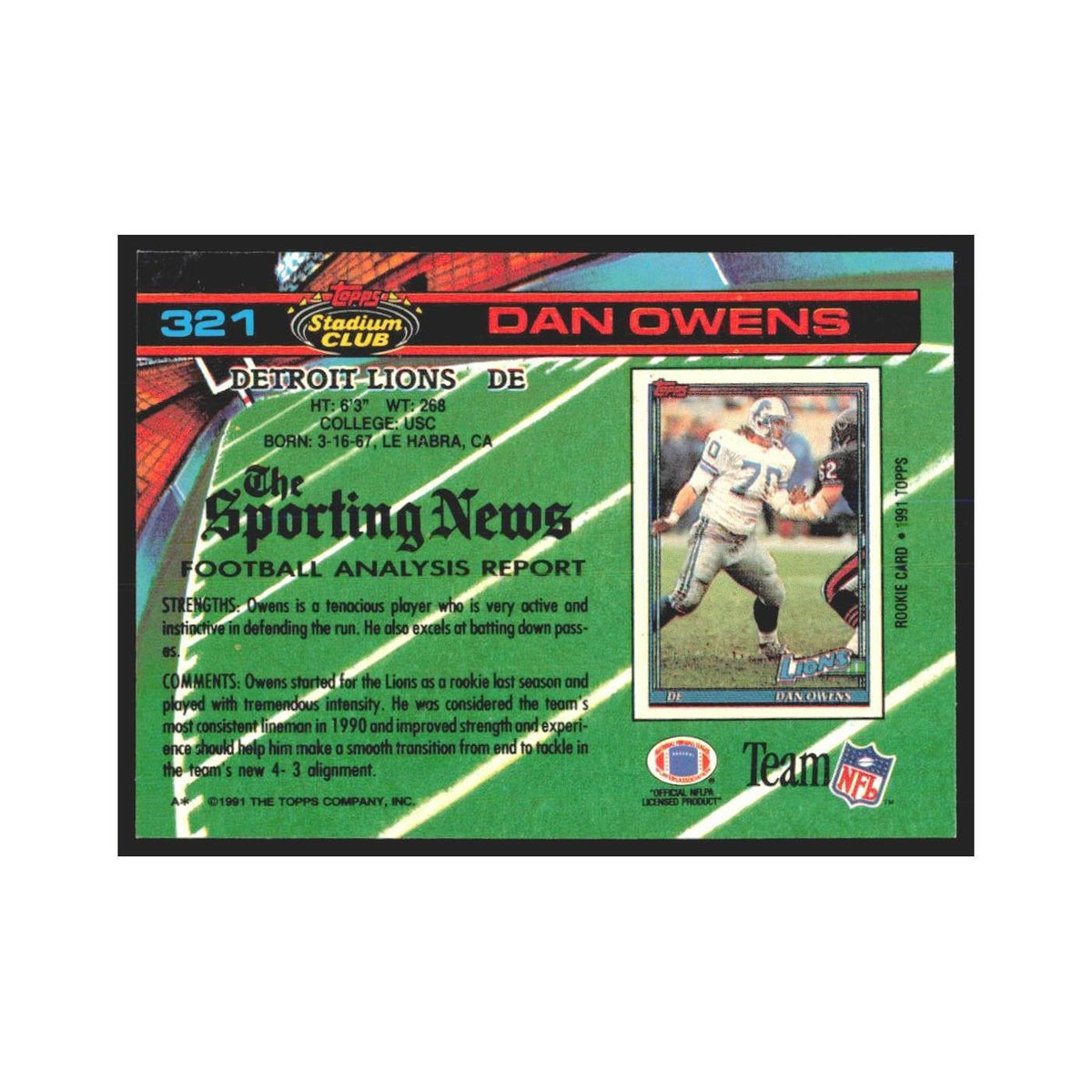 1991 Stadium Club Dan Owens Lions #321