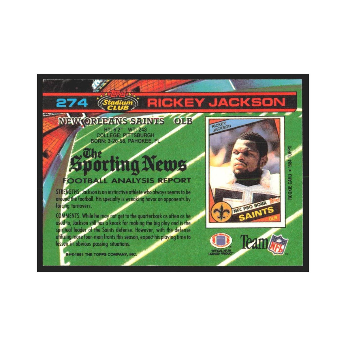 1991 Stadium Club Rickey Jackson Saints #274