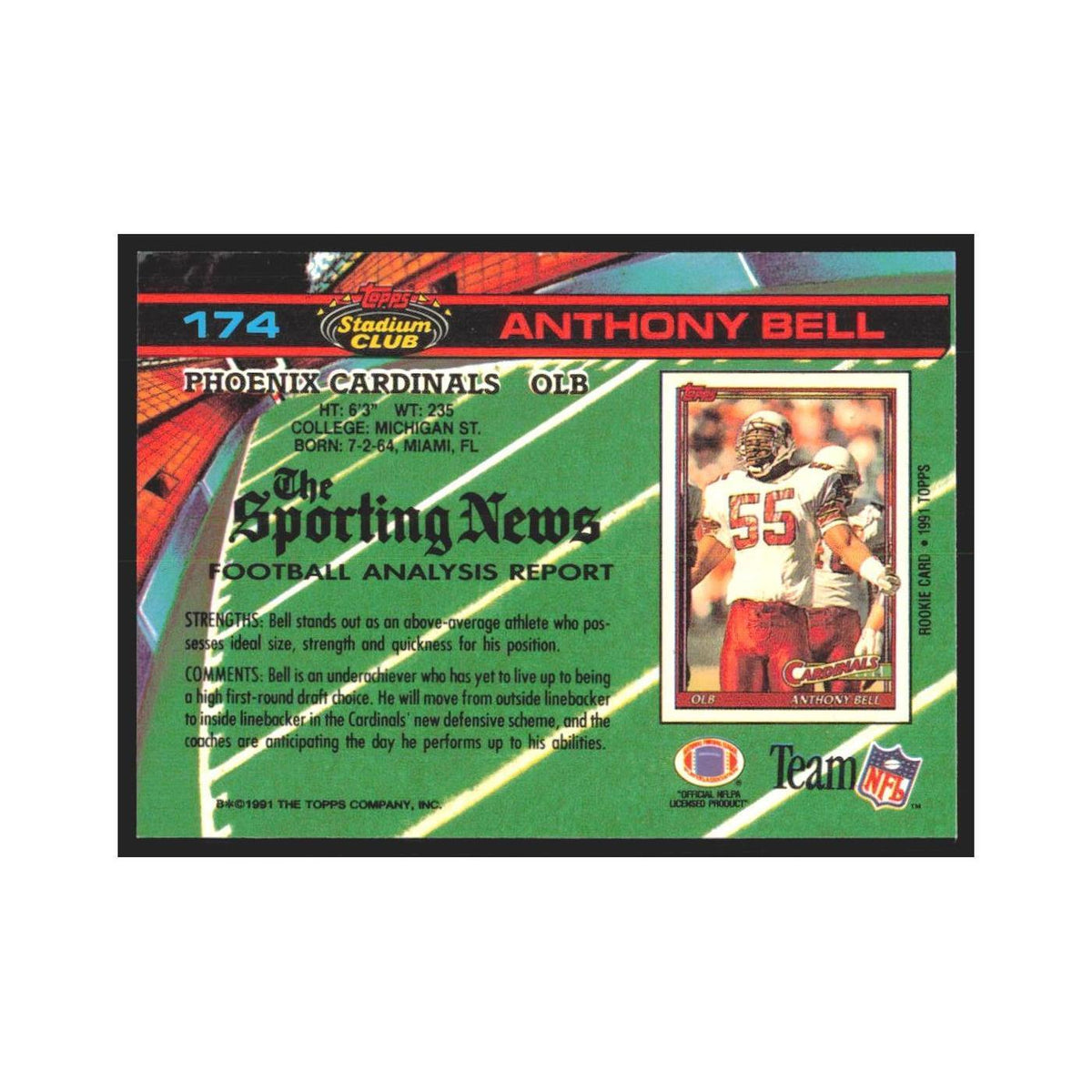 1991 Stadium Club Anthony Bell Phoenix Cardinals #174