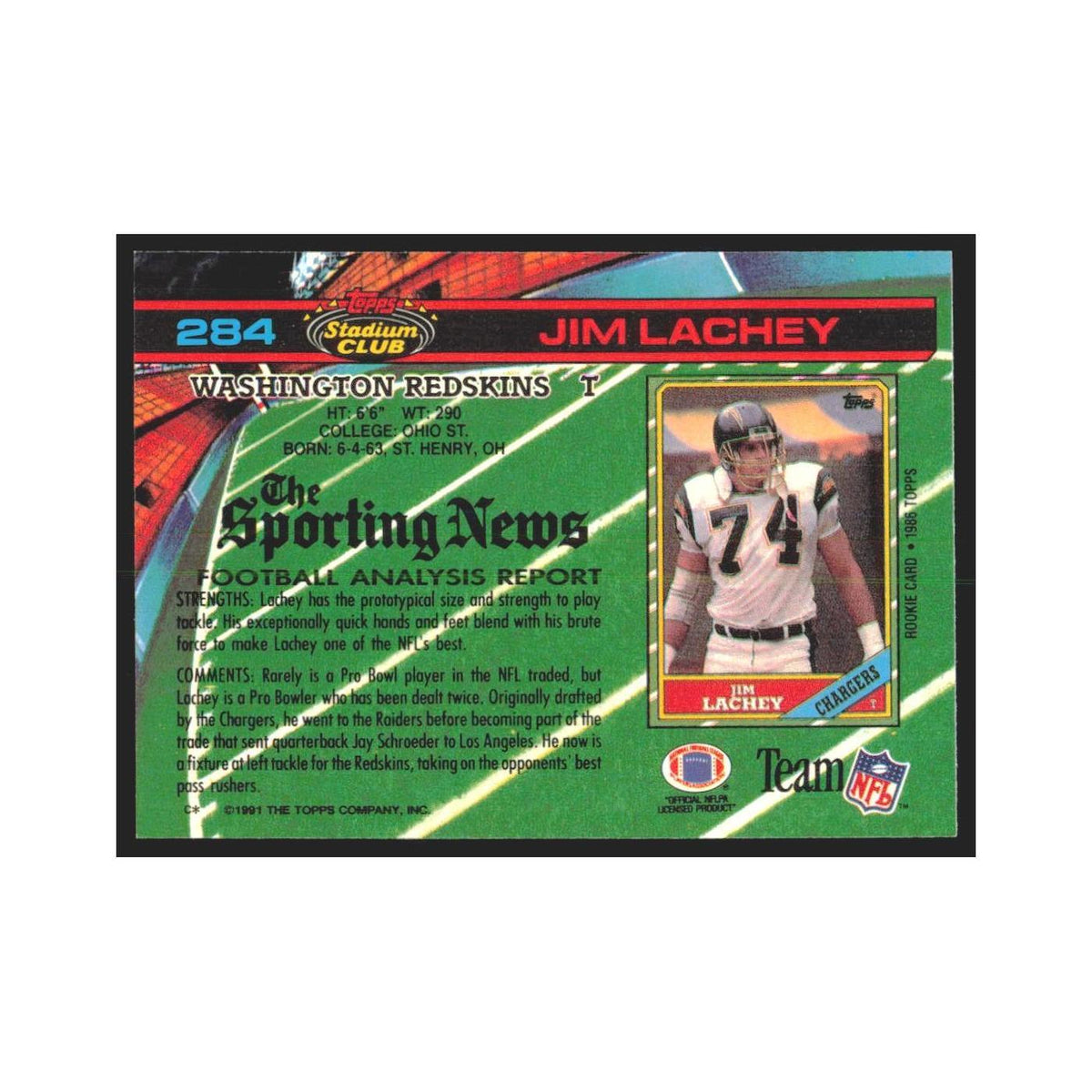 1991 Stadium Club Jim Lachey Redskins #284