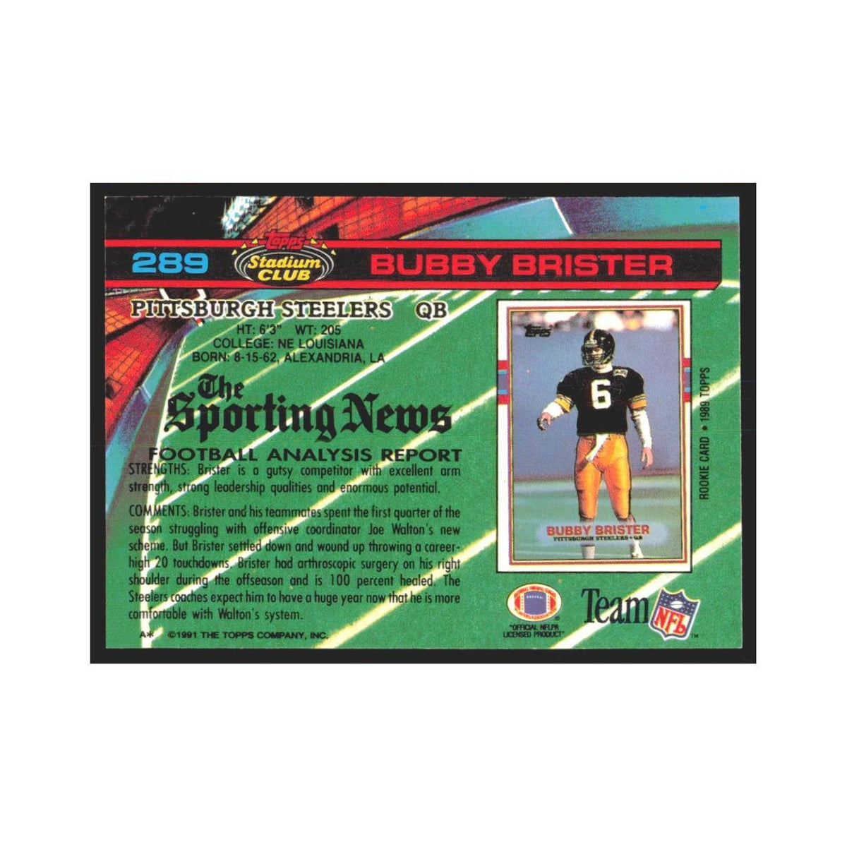 1991 Stadium Club Bubby Brister Steelers #289