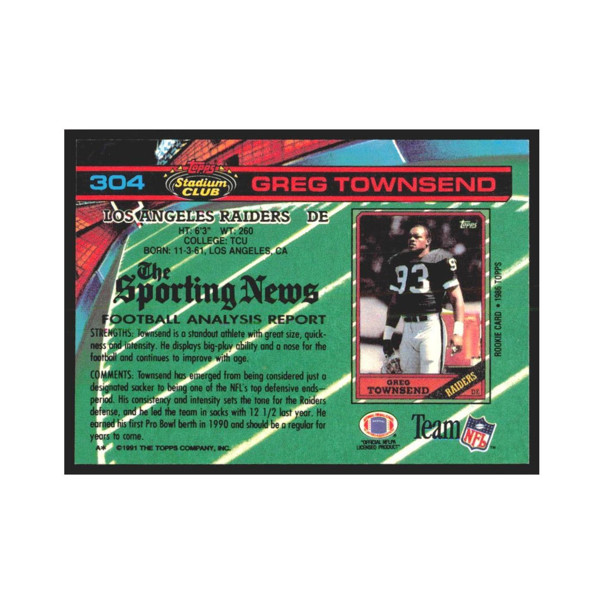 1991 Stadium Club Greg Townsend Los Angeles Raiders #304