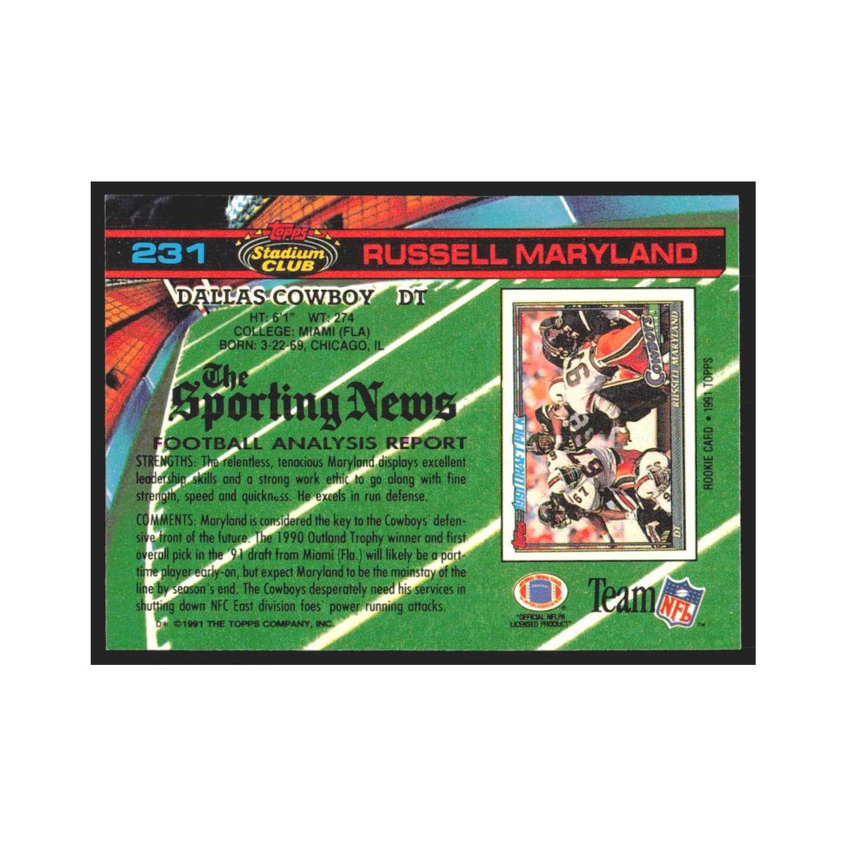 1991 Stadium Club Russell Maryland Cowboys #231