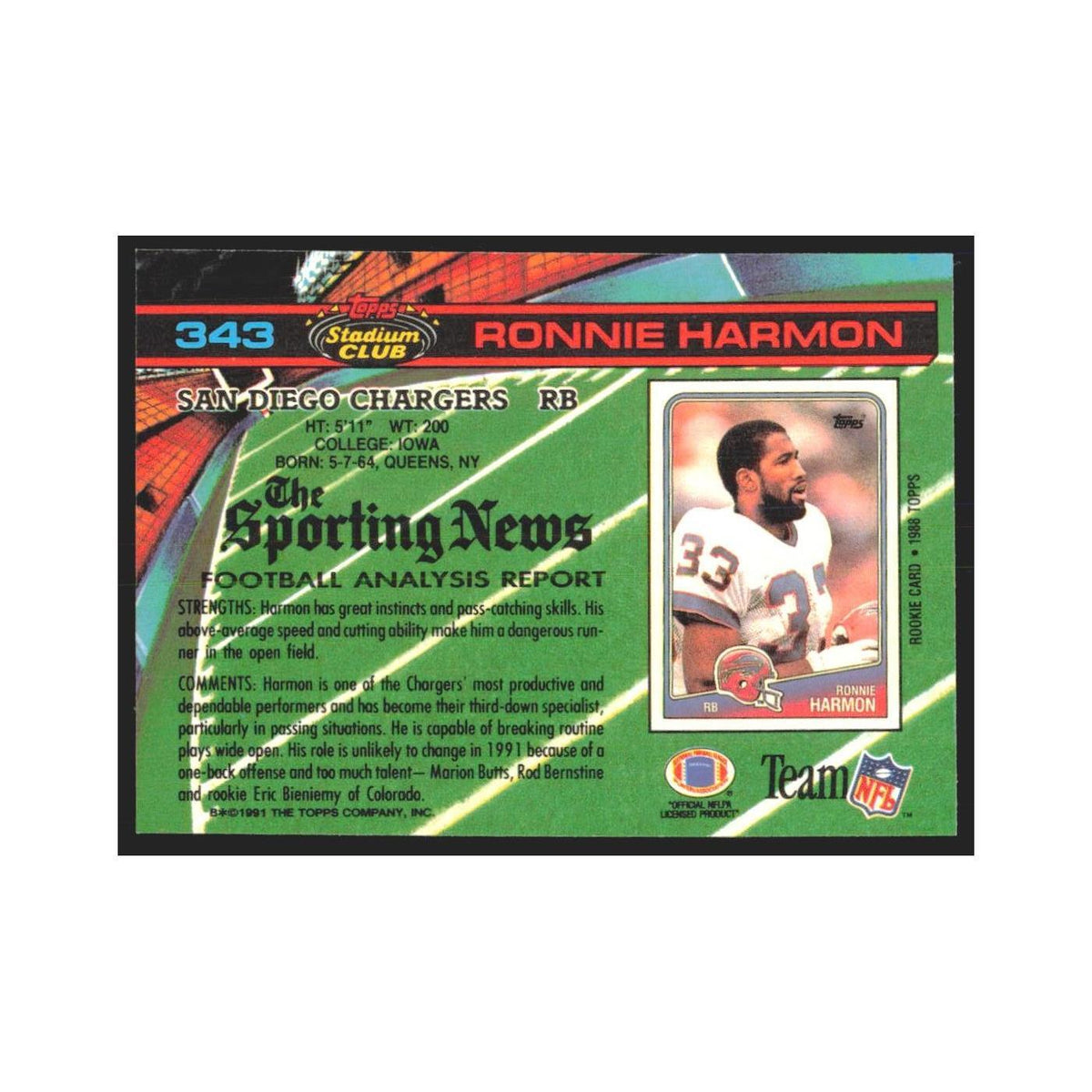1991 Stadium Club Ronnie Harmon San Diego Chargers #343