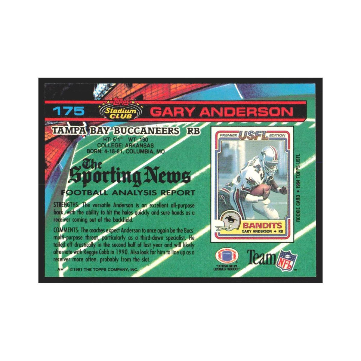 1991 Stadium Club Gary Anderson Buccaneers #175