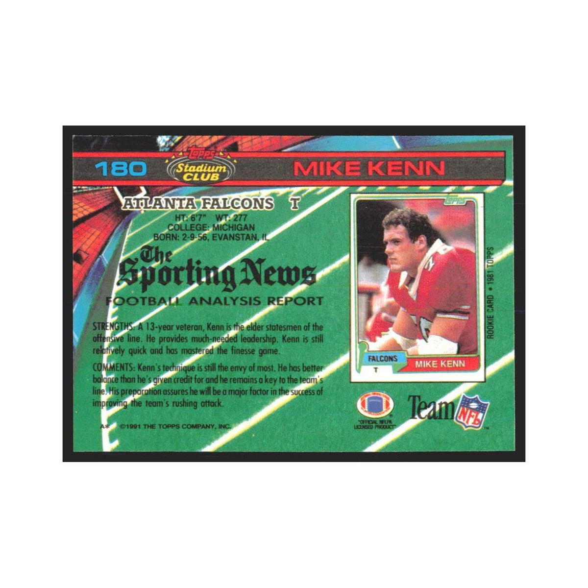 1991 Stadium Club Mike Kenn Falcons #180