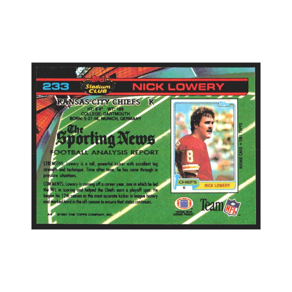 1991 Stadium Club Nick Lowery Chiefs #233