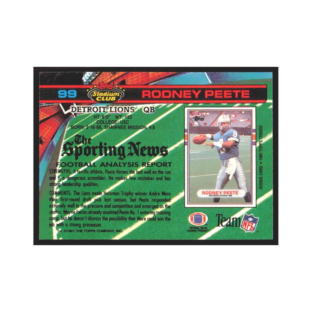 1991 Stadium Club Rodney Peete Lions #99