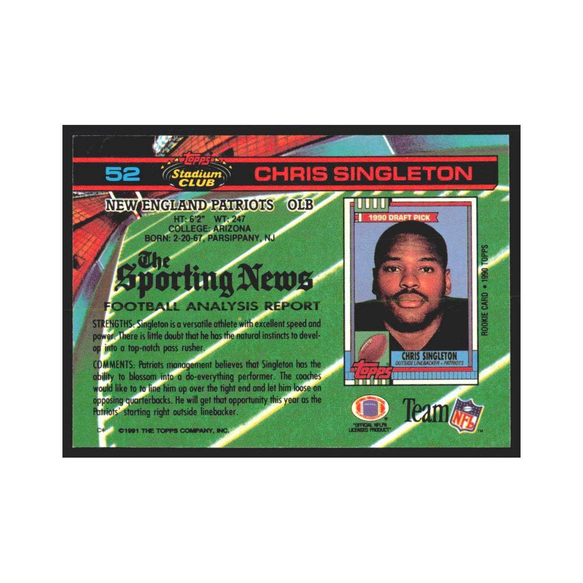 1991 Stadium Club Chris Singleton Patriots #52