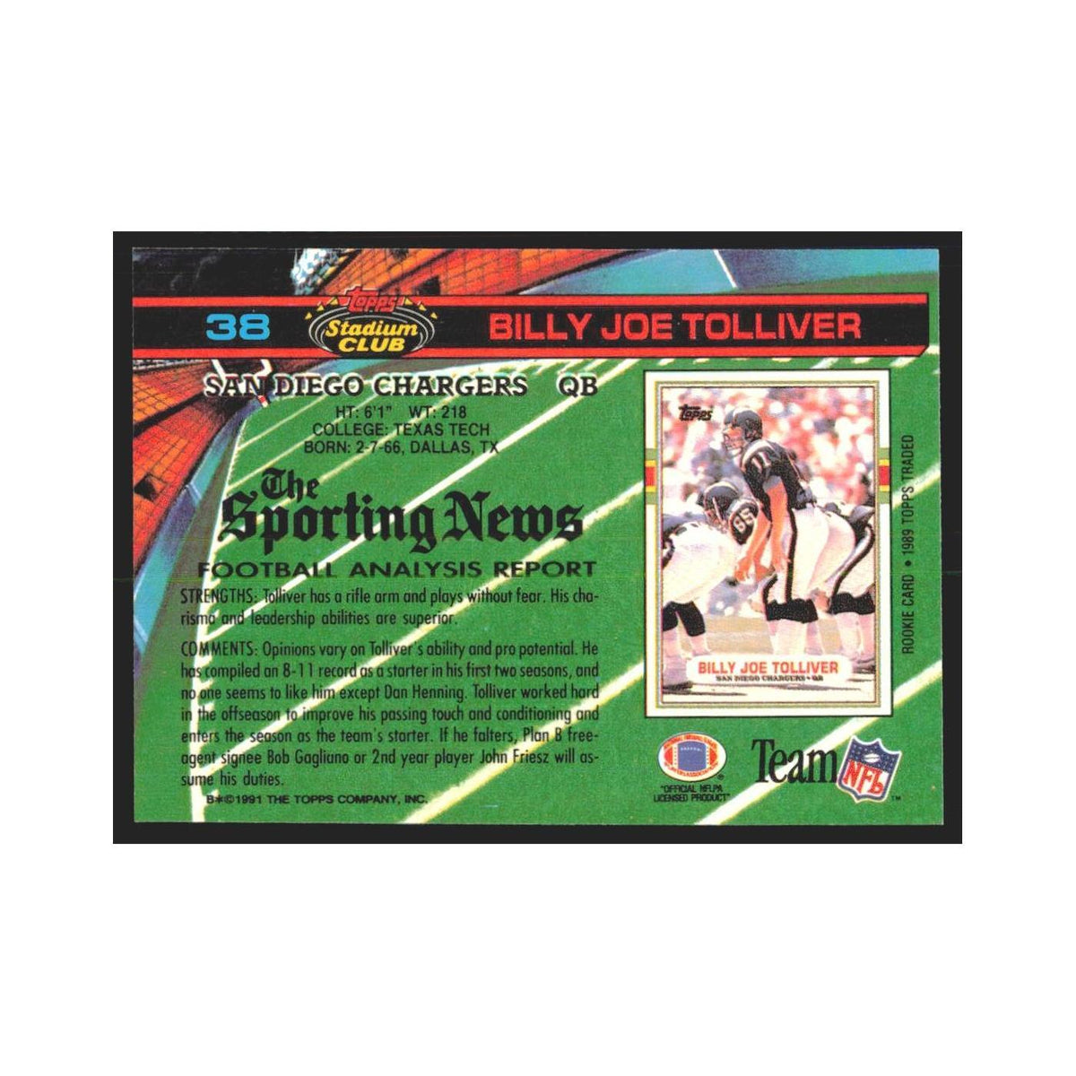 1991 Stadium Club Billy Joe Tolliver San Diego Chargers #38